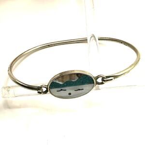 Alpaca Bracelet hooked Silver tone Beach Cloud Face Vintage Mother of Pearl